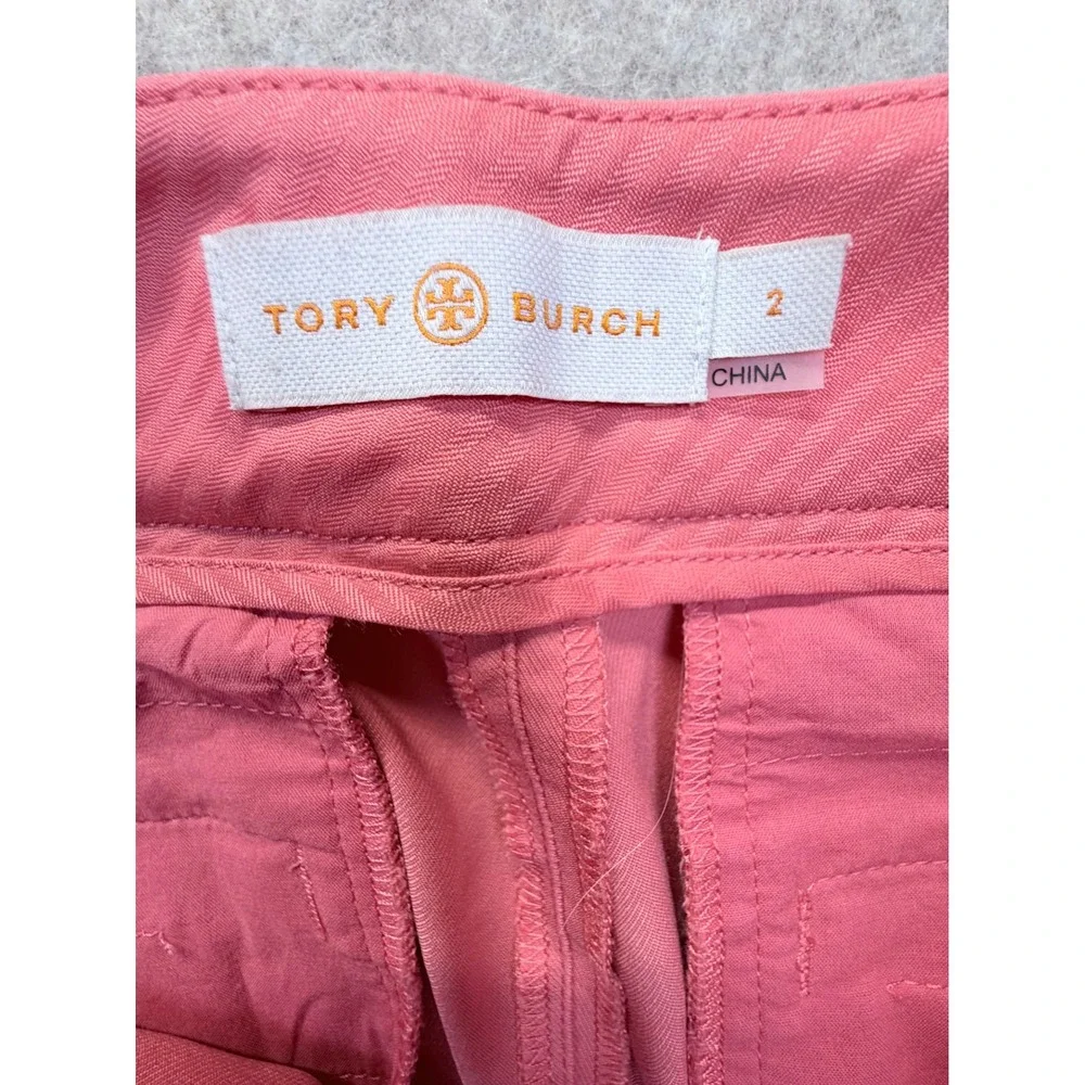 Tory Burch‎ Callie Cropped Ankle Pants Women 2 Coral Side Zip Logo Hardware Slim